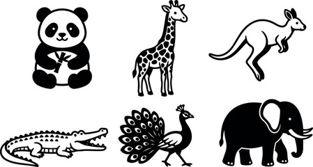 Obraz premium Black and white flat design animal icons including panda eating bamboo giraffe standing kangaroo jumping crocodile with open mouth peacock spreading tail and elephant silhouette