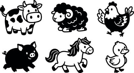 Obraz premium Cute black and white farm animal icons featuring smiling cow sheep chicken pig horse and duck in simple vector style