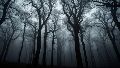 Naklejka premium A dark and mysterious forest with bare trees on a foggy day