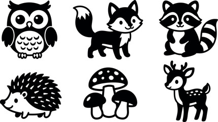 Fototapeta premium Cute forest animals and mushroom cluster vector art set with owl fox raccoon hedgehog and deer in black and white silhouette style