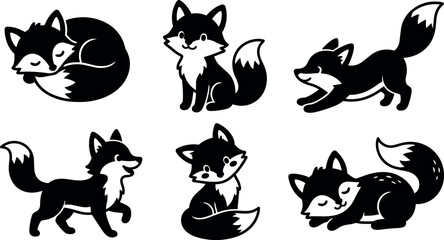 Obraz premium Cute black and white cartoon foxes in various playful and resting poses vector art set collection with simple shapes and friendly expressions