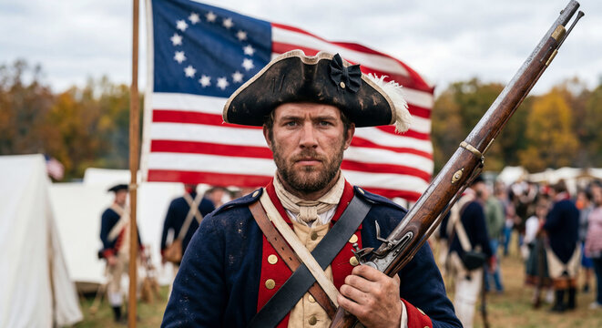 American Revolution Reenactor Soldier With Musket And Flag