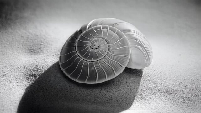 A close-up view of a spiral seashell lying on sandy beach