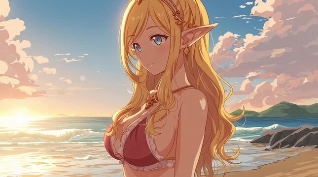 Busty Blonde Elf Woman Red Bikini Standing on Beach at Sunset for Summer Fantasy