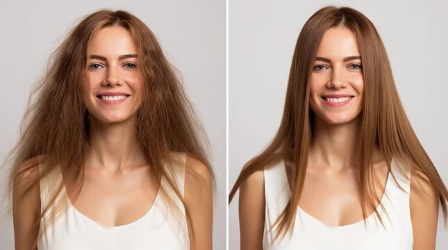Hair Transformation: A before-and-after image shows a woman with frizzy hair transforms into sleek, straightened locks. Smiling happily, she showcases the stunning results of the hair treatment.
