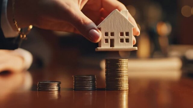 Real Estate Investment and Property Savings Concept with Wooden House Model Placed on Stacked Coins Symbolizing Financial Growth
