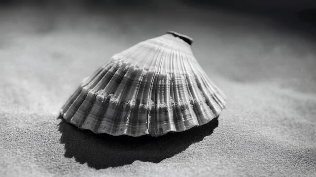 A large scallop shell lies on the sandy beach under bright sunlight.