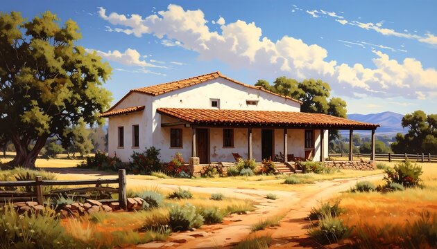 Historic Adobe House in a Sunny Landscape.