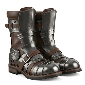 A pair of intricately designed armored boots made of brown leather and metallic plates, featuring buckles and straps, on a white background.