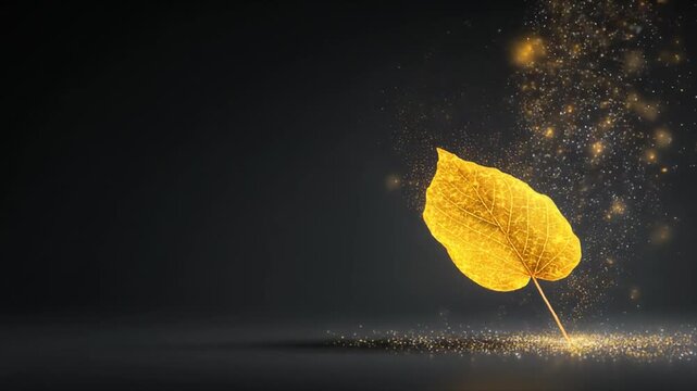 Golden leaf with a stem against a dark grey background and shining sparks