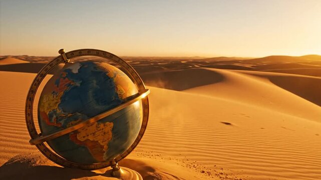 A globe sits on sand dunes during sunset in a desert landscape with mountains