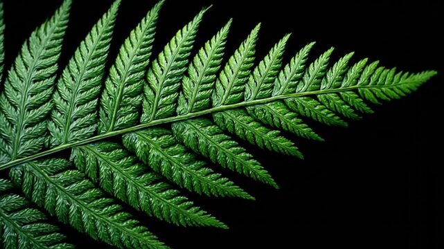 A close-up shot of a vibrant green fern frond against a stark black background
