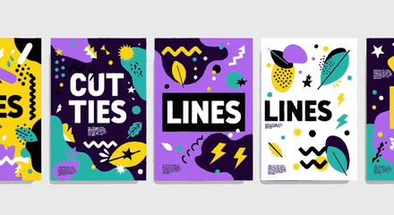 Fototapeta premium Vibrant purple yellow and teal abstract posters with geometric shapes and text on white background memphis style designs