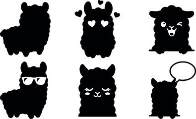 Fototapeta premium Cute alpaca black silhouette icons with various expressions including heart eyes winking glasses and speech bubble vector art