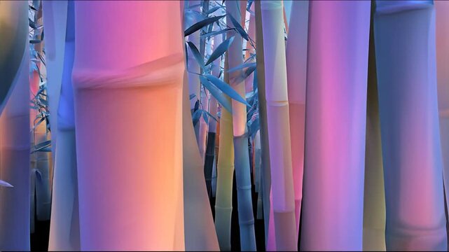 Softly lit bamboo stalks in shades of blue, pink and purple creating an ethereal and dreamy scene
