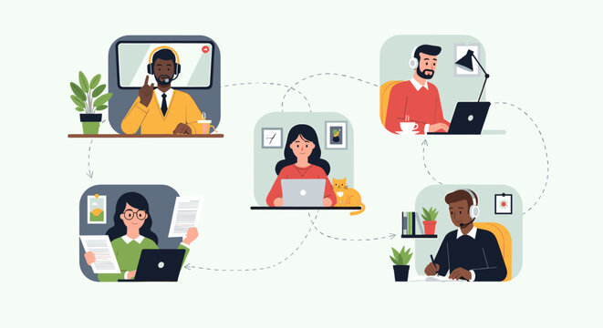 Diverse people working remotely and collaborating online from home