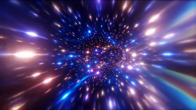 Hyperspace travel through a warp tunnel with dynamic light trails and sparkling stars, representing cosmic, future, and abstract concepts