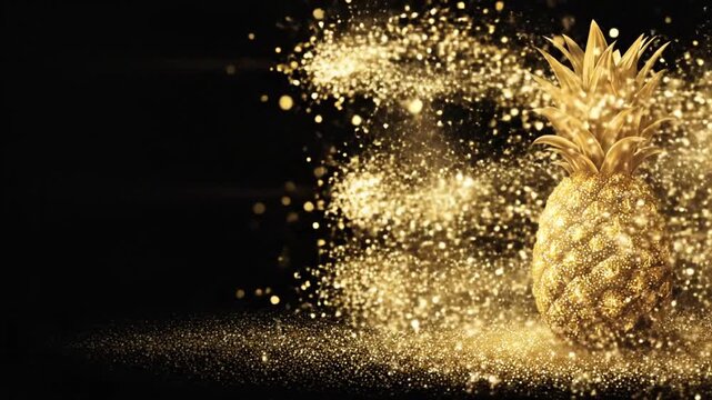 A golden pineapple on a dark background, surrounded by glittering sparkles. Luxury, wealth, elegance