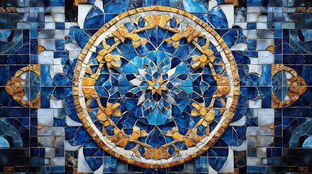 Intricate islamic marble mosaic pattern with blue and gold ornate circle design