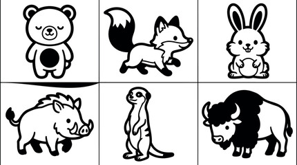 Obraz premium Cute minimalist black and white vector art set of bear fox rabbit wild boar meerkat and bison animal icons cartoon style