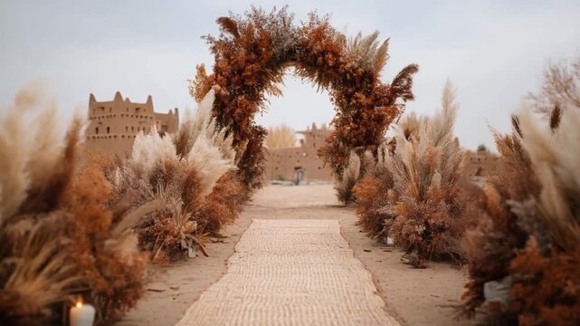 Desert wedding ceremony setup with arched floral arrangement and mud brick buildings in the background