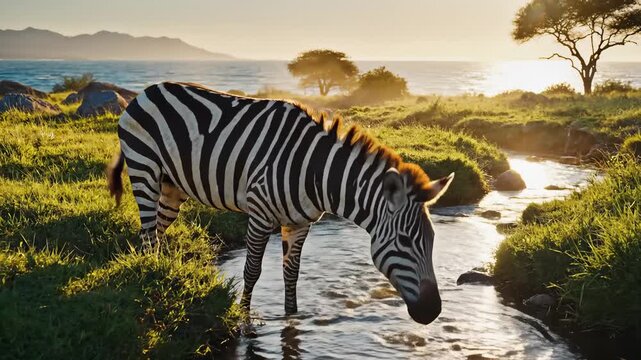 Zebra Drinking Water From Stream in African Savannah at Sunset, Golden Hour Light