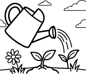 Fototapeta premium Black and white line art watering can pouring water on young plants with flower and clouds in minimalist garden scene vector