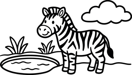 Fototapeta premium Cute flat design black and white zebra standing near water pond with grass and cloud outline vector illustration
