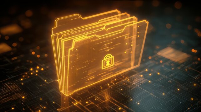 Confidential digital data document organization and cloud storage. Secure, holographic file folder concept with a glowing, orange folders stored data on a technological platform.