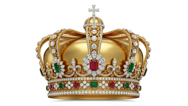 Golden crown with precious stones in luxurious royal style with bright lighting on white background for royalty and nobility