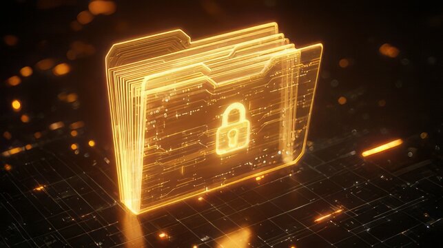 Confidential digital data document organization and cloud storage. Secure, holographic file folder concept with a glowing, orange folders stored data on a technological platform.