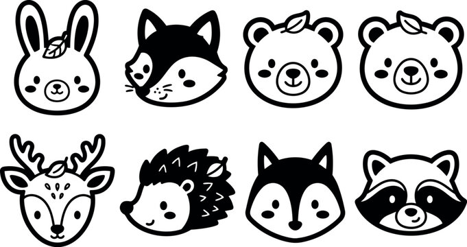 Minimalist black and white vector art set of cute forest animals faces including rabbit fox bear deer hedgehog raccoon with leaves on heads