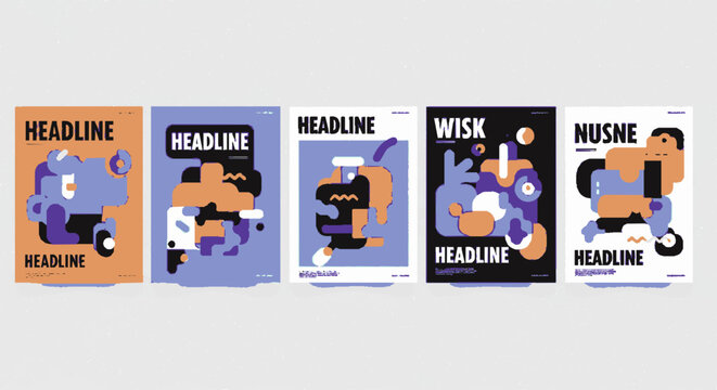 Six modern magazine covers with abstract illustrations and headline text on various colored backgrounds