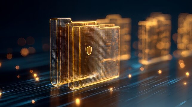 Confidential digital data document organization and cloud storage. Secure, holographic file folder concept with a glowing, orange folders stored data on a technological platform.