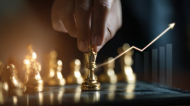 Business strategy and leadership, with hand placing a golden king chess piece on a board. Strategic decision making and business success. Leadership, investment, outmaneuvering competitors, growth. 
