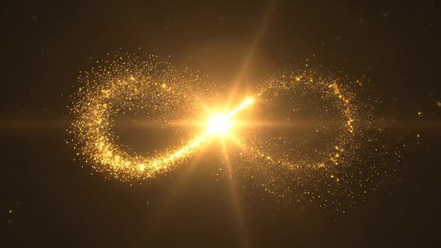 An illustration features an infinity symbol formed by a golden, glowing trail of particles against a black backdrop