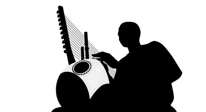 Silhouette A silhouette of a man playing a traditional stringed instrument in a minimalist vector graphic design