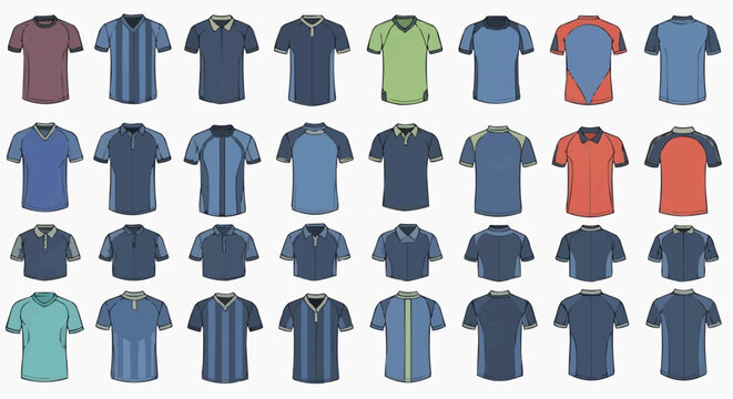 Variety of men's polo shirts in different colors and designs, perfect for a fashion collection display. A perfect option for apparel and fashion catalogs and other print and digital designs