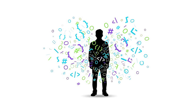 Silhouette A silhouette of a man with coding symbols and colorful graphics surrounding him in a vector illustration