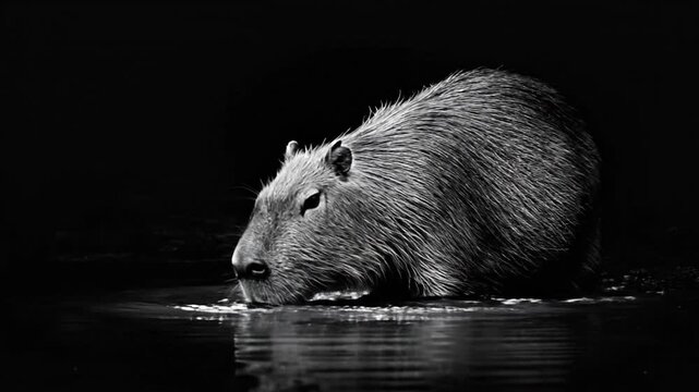 A black and white image features a capybara standing in water, with a dark background