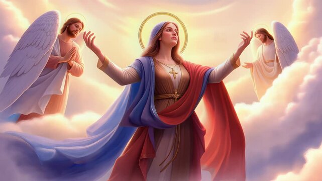 Angelic woman with outstretched arms surrounded by two angels in the sky with clouds