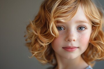 Naklejka premium Cute little girl with curly blonde hair and blue eyes looking directly at camera