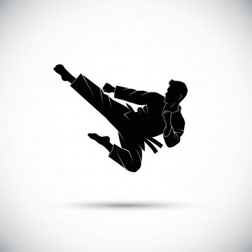 Silhouette of a person in a martial arts uniform performing a high kick