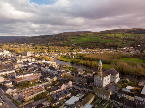 Aerial view of Clonmel town, Tipperary, Ireland, showcasing historic architecture and the River Suir flowing through the landscape