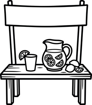 Black and white line art simple lemonade stand with glass pitcher lemon slices outdoor display