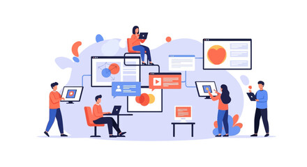 Illustration of a diverse group of Gen Z people engaged in digital creativity and productive collaboration with colorful design elements and innovative ideas on a light blue background. © Rizqi