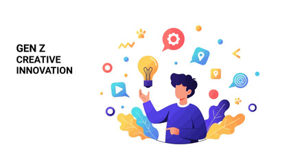 Illustration of a Gen Z young man surrounded by colorful design elements and icons, representing digital creativity and innovation in a modern, artistic setting with a productive mood. © Rizqi