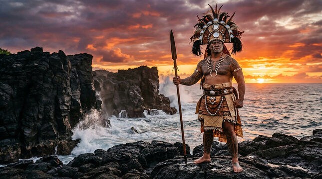 Samoan Warrior in Traditional Headdress and Costume Holding a Spear on a Rocky Coastline at Sunset