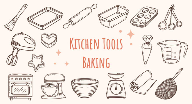 Vintage bakery equipment hand drawn sketches, rustic kitchen tools doodle collection, home baking vector illustrations, aesthetic culinary icons set.