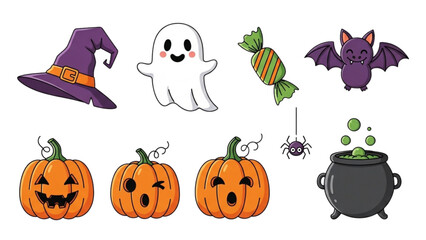 Obraz premium Halloween scene with witch hat ghost candy bat pumpkins spider cauldron